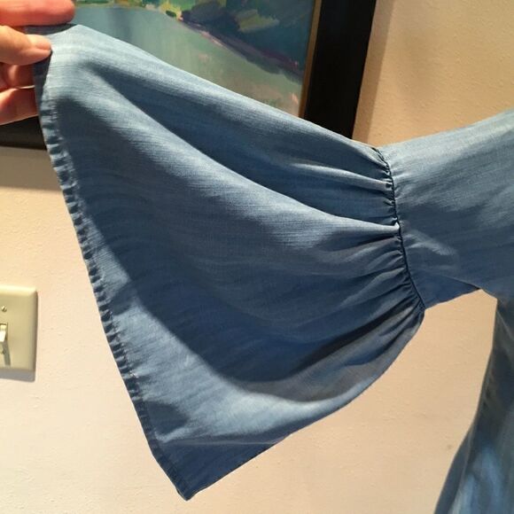 Avani denim chambray shirt bell sleeve tie top oversized tassels blue Medium - Picture 4 of 9